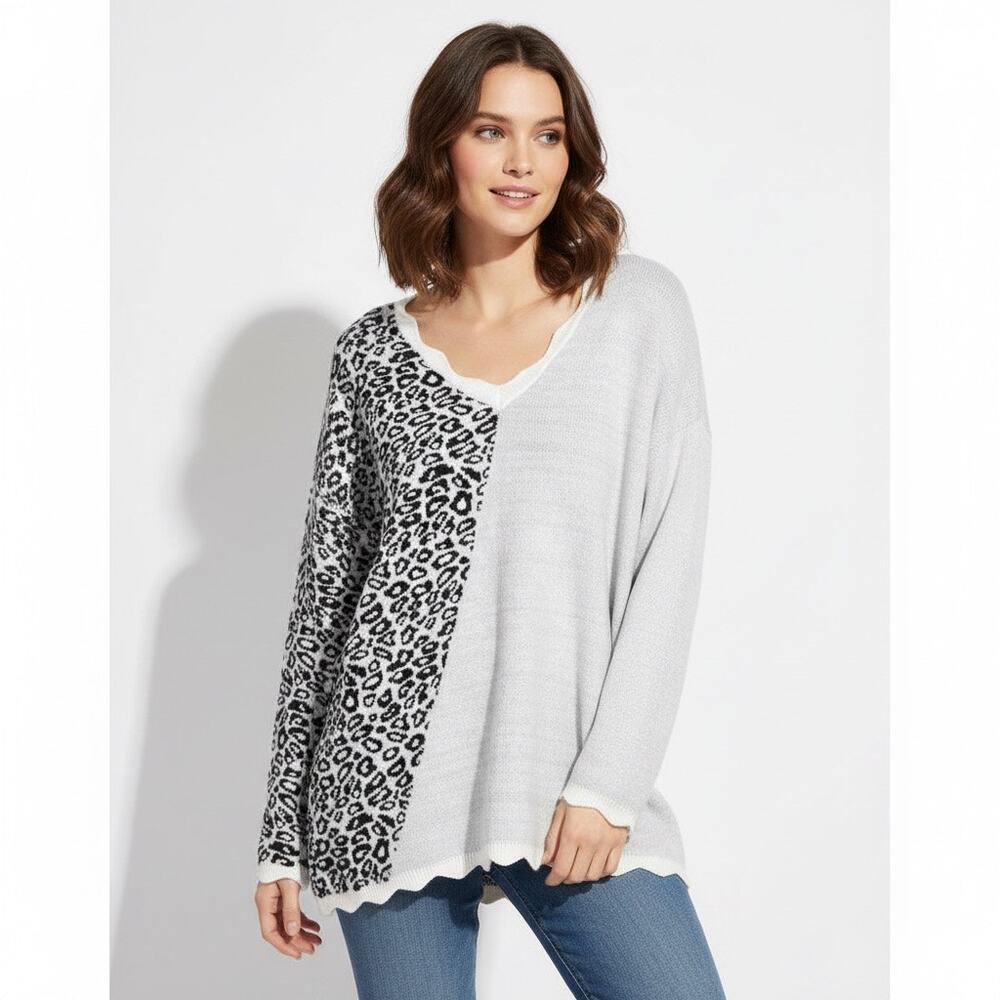 Davi & Dani Leopard Colorblock Knit Sweater Women… - image 1